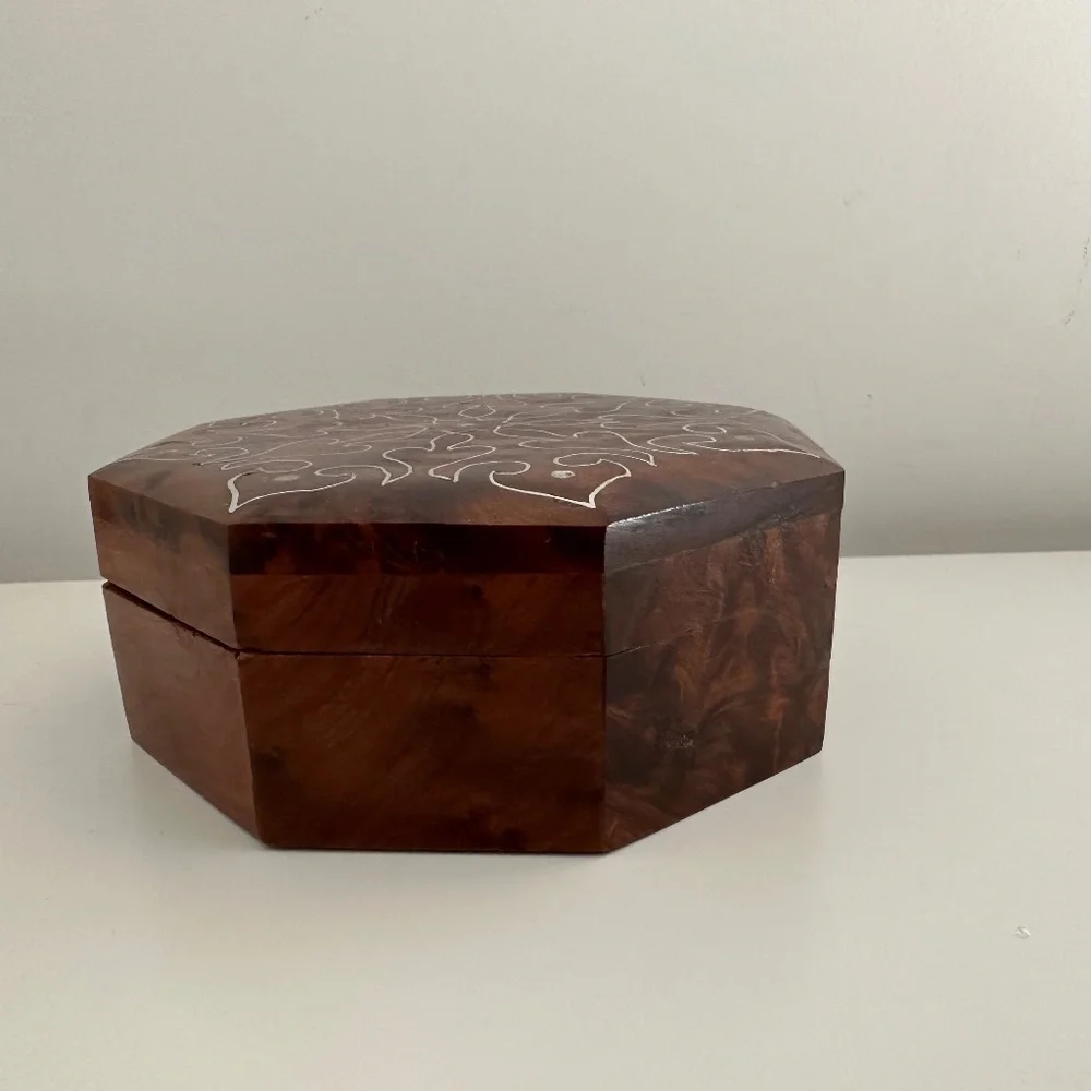Burr Walnut Hexagon Jewelry Box Trinket Vintage Classic